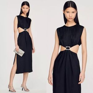 SANDRO Ruched Satin Twill Crystal Embellished Buckle Cutout Waist Midi Dress XS